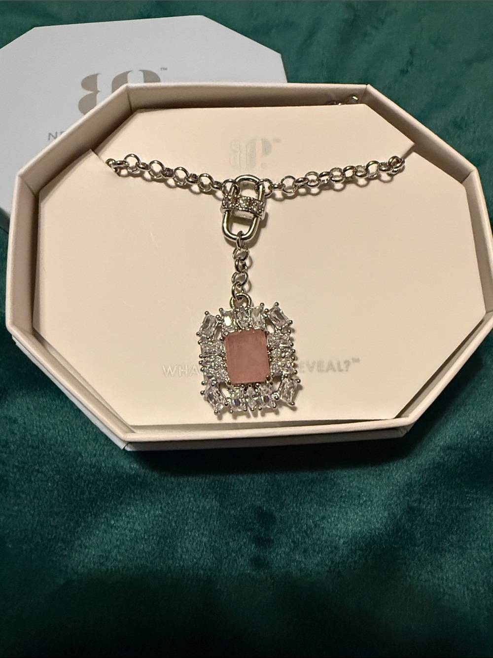 Silver-Tone Necklace with Pink Rectangular Gemstone Pendant